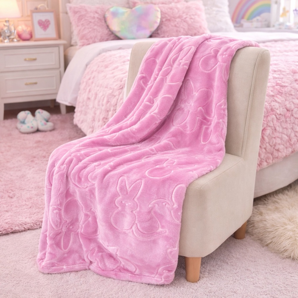 *SOLD* PEEPS Cozy Pink Bunny and Chick Throw Blanket 60” x 70” NWT